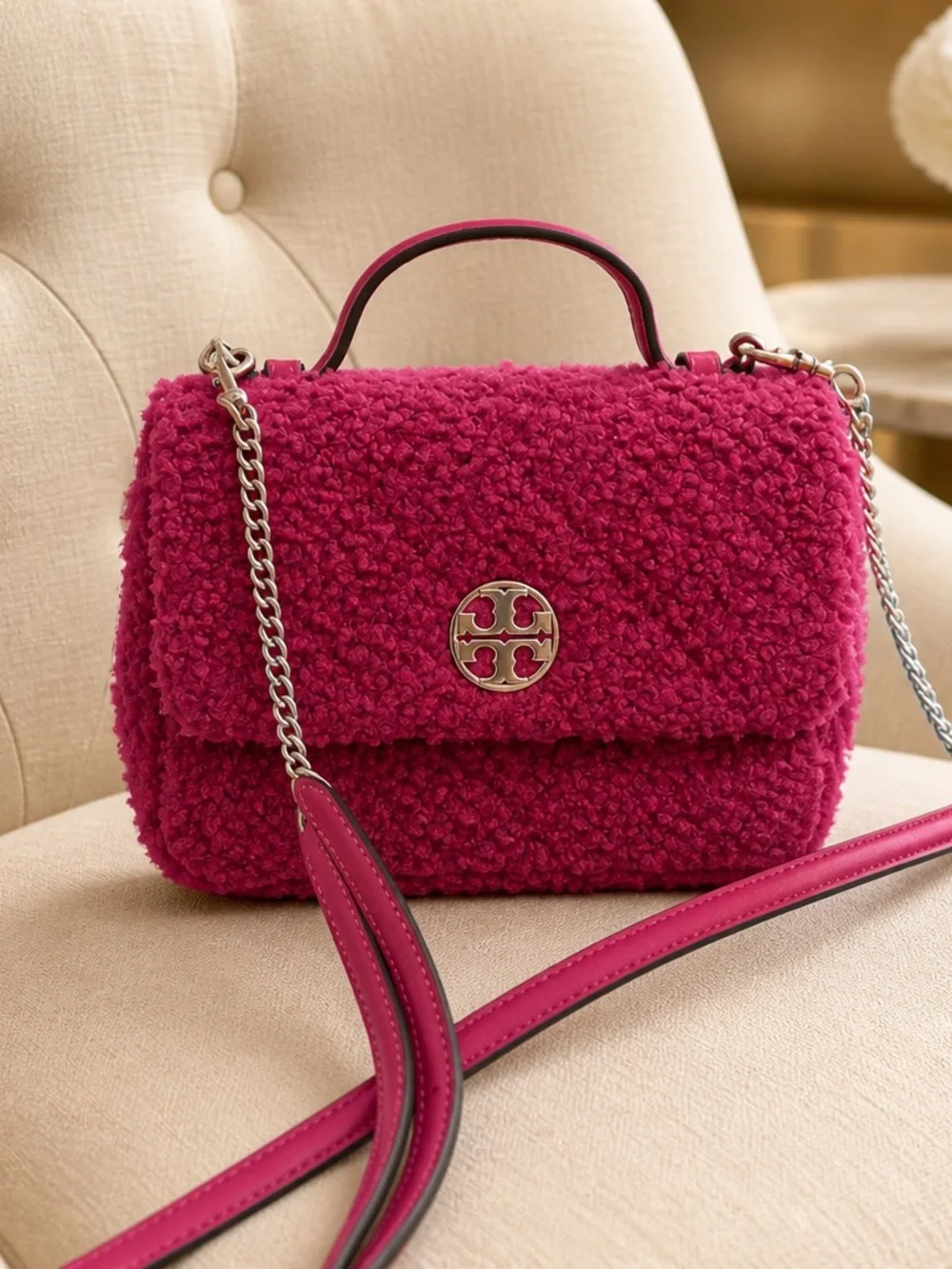 Tory Burch Hot Pink Shearling Shoulder Bag with Chain Strap